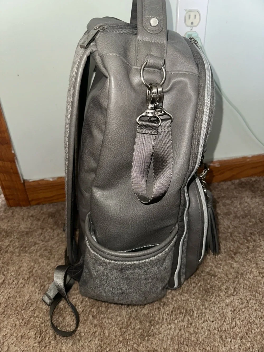 Itzy Ritzy Gray Felt and Faux Leather Convertible Backpack